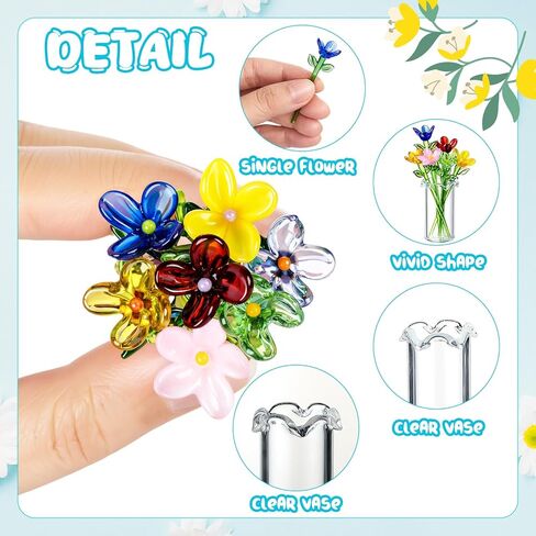 7 Color Glass Birth Flower Decor Glass Birthday Month Flower Bouquet with Small Vase Crystal Wildflower Daisy Blossoms for Women Mom Wedding Mother's Day Office Home Table Centerpiece in Saudi Arabia