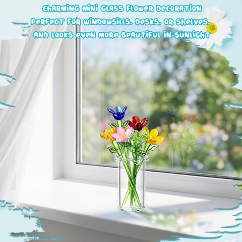 7 Color Glass Birth Flower Decor Glass Birthday Month Flower Bouquet with Small Vase Crystal Wildflower Daisy Blossoms for Women Mom Wedding Mother's Day Office Home Table Centerpiece in Saudi Arabia