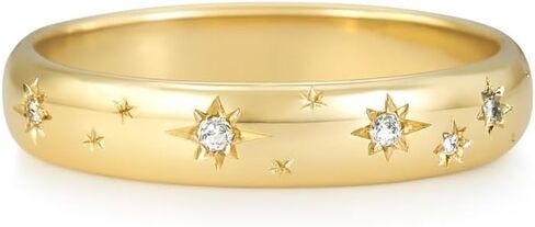Diamond Band for Women 14K Yellow Gold Plated Sterling Silver Dainty Engraved Star CZ Ring Celestial Stacking Wedding Band Minimalist Anniversary Jewelry For Women in Saudi Arabia