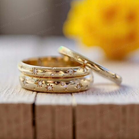 Diamond Band for Women 14K Yellow Gold Plated Sterling Silver Dainty Engraved Star CZ Ring Celestial Stacking Wedding Band Minimalist Anniversary Jewelry For Women in Saudi Arabia