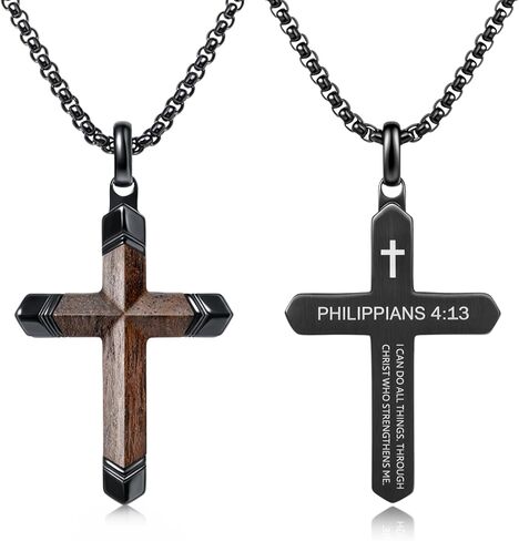 Wooden Cross Necklace for Men with Bible Verse, Real Ebony Wood Mens Cross Necklaces, Black Cross Pendant Christian Gifts, Adjustable 24-25 inch Box Chain in Saudi Arabia