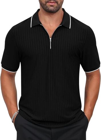 Men's Short Sleeve Polo Shirts Knit T Shirts Fashion Casual Striped Golf Shirts with Zipper in Saudi Arabia