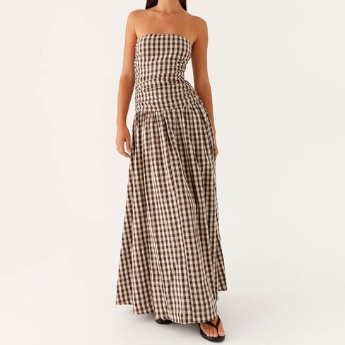 Women's Strapless Tube Long Dress Y2K Sleeveless Off Shoulder Ruched Backless Flowy Bodycon A Line Party Maxi Dress in Saudi Arabia