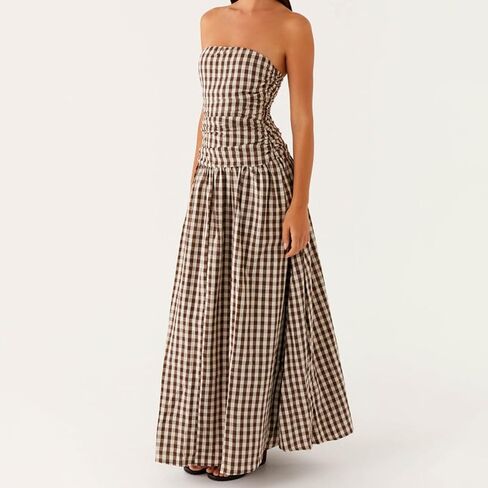 Women's Strapless Tube Long Dress Y2K Sleeveless Off Shoulder Ruched Backless Flowy Bodycon A Line Party Maxi Dress in Saudi Arabia
