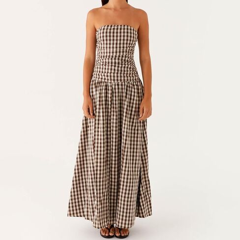 Women's Strapless Tube Long Dress Y2K Sleeveless Off Shoulder Ruched Backless Flowy Bodycon A Line Party Maxi Dress in Saudi Arabia