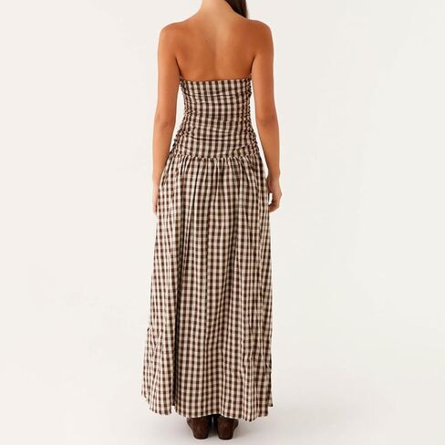 Women's Strapless Tube Long Dress Y2K Sleeveless Off Shoulder Ruched Backless Flowy Bodycon A Line Party Maxi Dress in Saudi Arabia