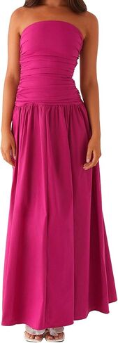 Women's Strapless Tube Long Dress Y2K Sleeveless Off Shoulder Ruched Backless Flowy Bodycon A Line Party Maxi Dress in Saudi Arabia