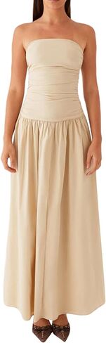 Women's Strapless Tube Long Dress Y2K Sleeveless Off Shoulder Ruched Backless Flowy Bodycon A Line Party Maxi Dress in Saudi Arabia
