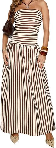 Women's Strapless Tube Long Dress Y2K Sleeveless Off Shoulder Ruched Backless Flowy Bodycon A Line Party Maxi Dress in Saudi Arabia
