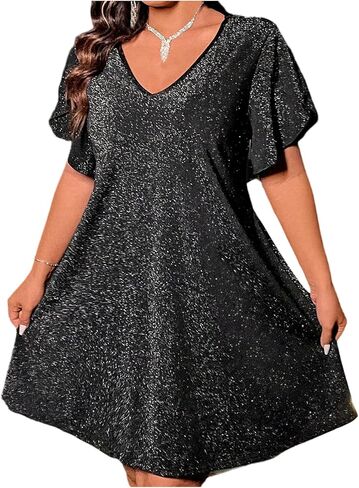 OYOANGLE Women's Plus Size Glitter Sparkly Cocktail Party Dress Shiny Short Sleeve Loose Tunic Going Out Dress in Saudi Arabia
