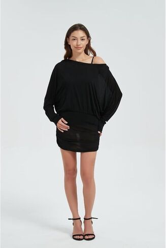 LRF Off The Shoulder Dress See Through Trendy Y2k Sexy Mini Slim Fit Casual Loungewear Dress in Saudi Arabia