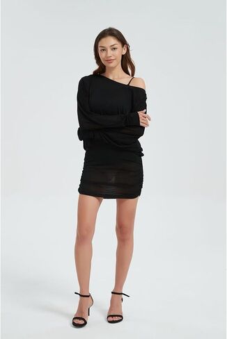 LRF Off The Shoulder Dress See Through Trendy Y2k Sexy Mini Slim Fit Casual Loungewear Dress in Saudi Arabia