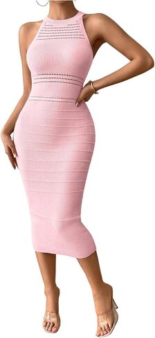 GORGLITTER Women's Crochet Halter Bodycon Midi Dresses Sleeveless Knit Sweater Dress Wedding Guest Prom Slimming Dress in Saudi Arabia