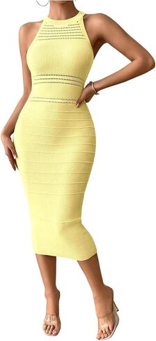 GORGLITTER Women's Crochet Halter Bodycon Midi Dresses Sleeveless Knit Sweater Dress Wedding Guest Prom Slimming Dress in Saudi Arabia
