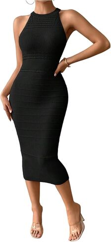 GORGLITTER Women's Crochet Halter Bodycon Midi Dresses Sleeveless Knit Sweater Dress Wedding Guest Prom Slimming Dress in Saudi Arabia