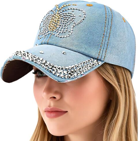 Denim Baseball Cap Rhinestone Sun Visor Hats Adjustable Shiny Bling Jeans Hat for Women Men in Saudi Arabia