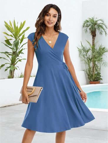 Wrap Dress for Women Summer Casual Dresses for Women Party Swing A-Line Faux Wrap Dresses Midi Length in Saudi Arabia
