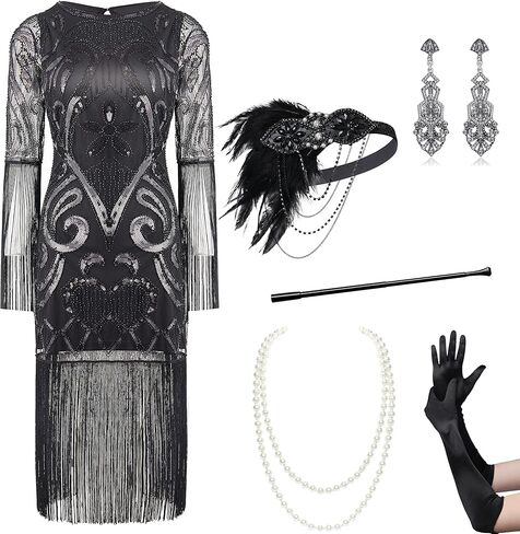 BABEYOND 1920s Flapper Dress Set Long Fringe Gatsby Dress Roaring 20s Sequin Beaded Dress Vintage Art Deco Dress in Saudi Arabia