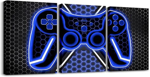 Feelyou Gamer Canvas Wall Art Gaming Bathroom Wall Art for Home Decor 12"x16" 3 Piece for Teens Bedroom Decor Lighting Honeycomb Office Wall Artwork Posters Blue and Black Geometric Wall Painting in Kuwait