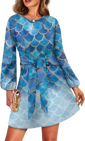 Women Fall Dress Lantern Long Sleeve Dress Crewneck Mini Shift Dress Flowy Swing A-Line Party Dress, S-XL in Saudi Arabia