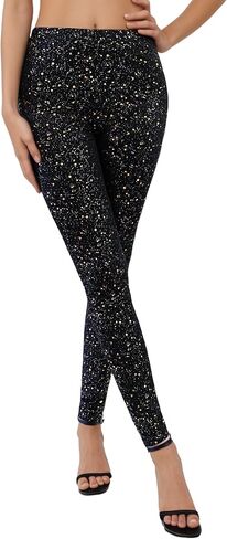Black Sparkly Leggings for Women, High Waisted Sparkle Print Pants, Stretch Glitter Tight Fit Party Legging for Club Holiday Night Out in Saudi Arabia