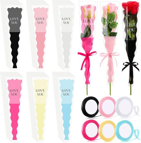 Chiisong 300 Pcs Single Flower Sleeves Valentine's Day Single Rose Sleeve Plastic Flower Wrapping Waterproof Floral Packaging with 6 Ribbon for Florist Bouquet Supplies in Kuwait
