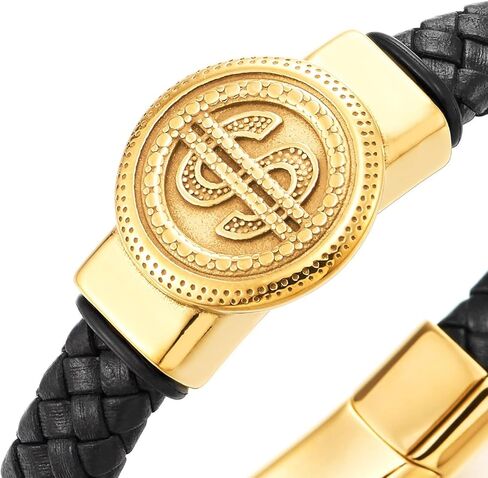 COOLSTEELANDBEYOND Men’s Black Braided Leather Bracelet with Gold Steel Dollar Sign Medallion ID Bold Hip Hop Jewelry in Saudi Arabia