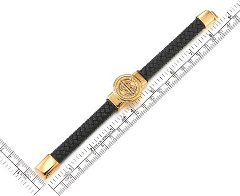 COOLSTEELANDBEYOND Men’s Black Braided Leather Bracelet with Gold Steel Dollar Sign Medallion ID Bold Hip Hop Jewelry in Saudi Arabia