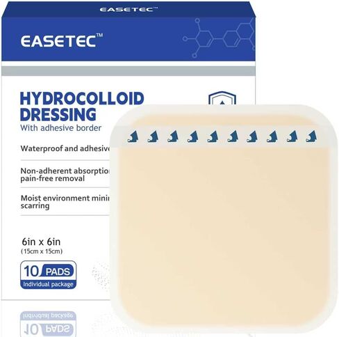 Large Hydrocolloid Wound Dressing & Bandage, 6"x6" 10 Packs, Self-Adhesive Border, Water-Resistant, for Bedsores, Ulcers, Mild Burns, Surgical Incisions, Abrasions in Kuwait