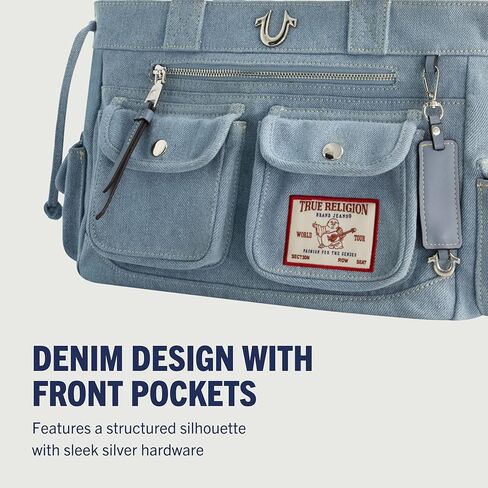 True Religion Tote Bag, Women's Multi-Pocket Faux Leather Handbag, Denim, One Size in Saudi Arabia