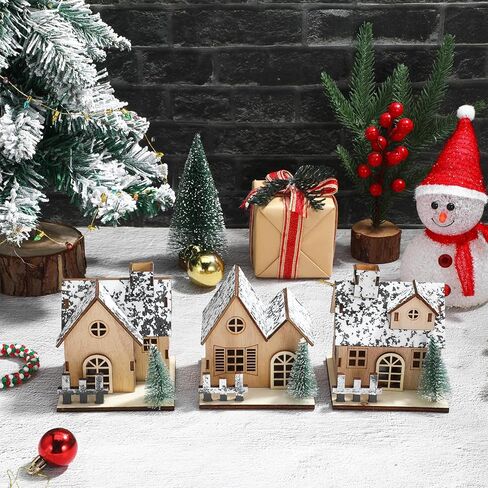 مجموعات منازل قرية عيد الميلاد المكونة من 3 قطع من Toyvian: ديكور قرية عيد الميلاد المضاء بإضاءة LED خشبية، زخارف بيوت الثلج المتوهجة MIini لعيد الميلاد، قطع مركزية للطاولة، مباني قابلة للتجميع (بني) in Kuwait