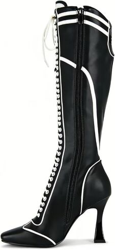 Elegant Black White Lace Up High Heel Knee High Boots in Saudi Arabia