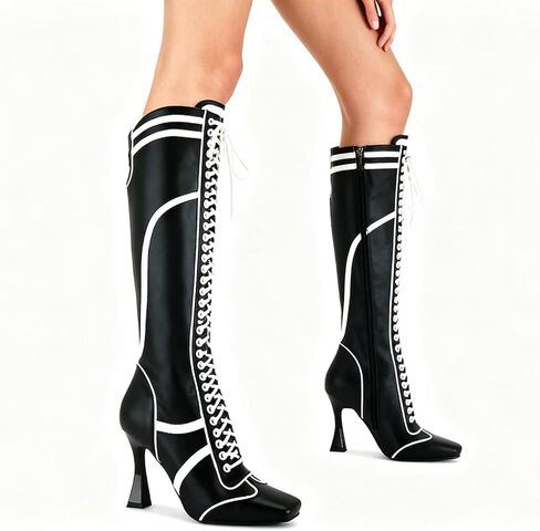 Elegant Black White Lace Up High Heel Knee High Boots in Saudi Arabia