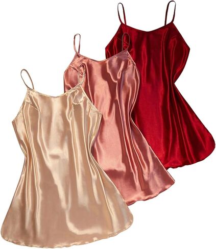 OYOANGLE Women's Plus Size 3 Pack Satin Nightgown Spaghetti Strap Silky Slip Dress Side Split Chemise in Saudi Arabia