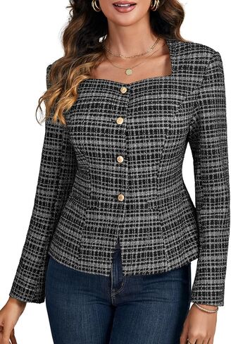 LYANER Women's Tweed Long Sleeve Square Neck Button Front Slim Fit Lined Office Blazer Coat in Saudi Arabia