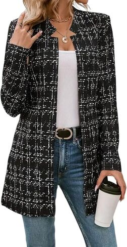 utcoco Women's Elegant Plaid Open Front Blazer Slim Long Sleeve Thigh Length Tweed Cardigan Jacket in Saudi Arabia