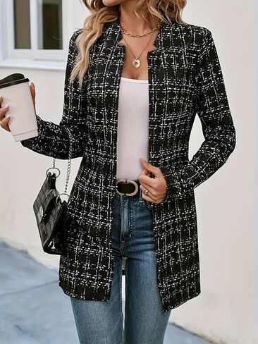 utcoco Women's Elegant Plaid Open Front Blazer Slim Long Sleeve Thigh Length Tweed Cardigan Jacket in Saudi Arabia