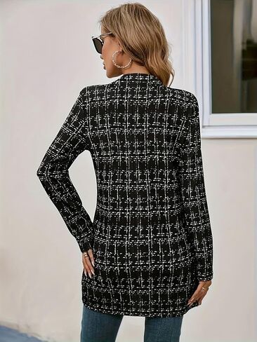 utcoco Women's Elegant Plaid Open Front Blazer Slim Long Sleeve Thigh Length Tweed Cardigan Jacket in Saudi Arabia