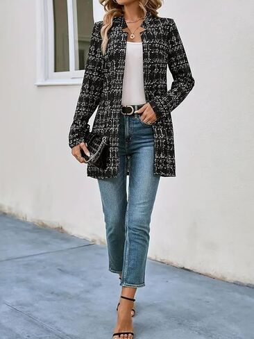 utcoco Women's Elegant Plaid Open Front Blazer Slim Long Sleeve Thigh Length Tweed Cardigan Jacket in Saudi Arabia