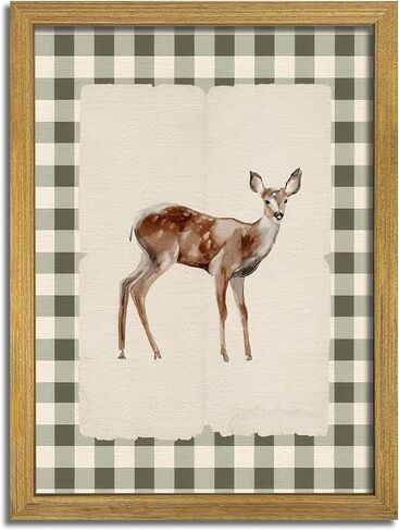 Wood Framed Deer Wall Art Print, Woodland Baby Deer Canvas Poster Wall Decor, Vintage Rustic Green Gingham Farmhouse Animal Picture for Living Room Kitchen Bedroom Nursery Decor, 8x10 inch in Saudi Arabia