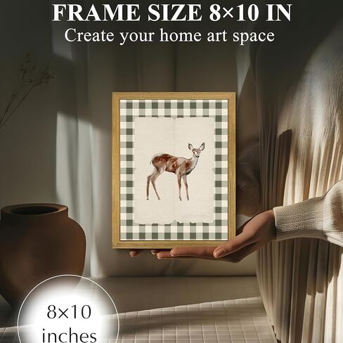 Wood Framed Deer Wall Art Print, Woodland Baby Deer Canvas Poster Wall Decor, Vintage Rustic Green Gingham Farmhouse Animal Picture for Living Room Kitchen Bedroom Nursery Decor, 8x10 inch in Saudi Arabia
