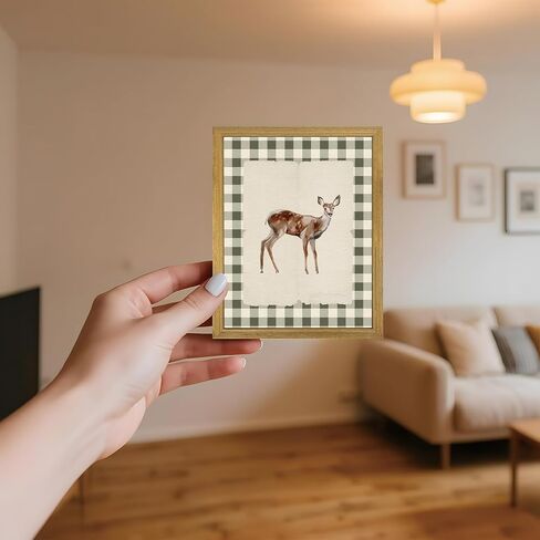 Wood Framed Deer Wall Art Print, Woodland Baby Deer Canvas Poster Wall Decor, Vintage Rustic Green Gingham Farmhouse Animal Picture for Living Room Kitchen Bedroom Nursery Decor, 8x10 inch in Saudi Arabia