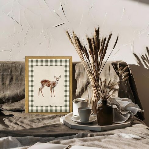 Wood Framed Deer Wall Art Print, Woodland Baby Deer Canvas Poster Wall Decor, Vintage Rustic Green Gingham Farmhouse Animal Picture for Living Room Kitchen Bedroom Nursery Decor, 8x10 inch in Saudi Arabia