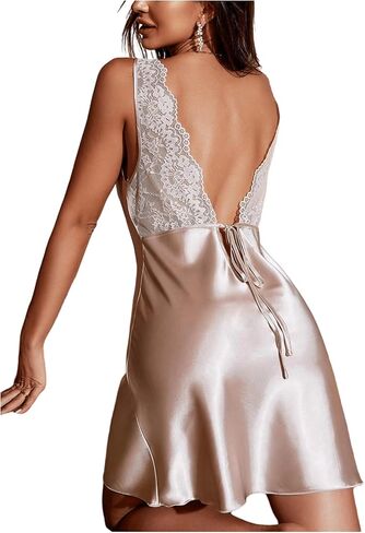 WDIRARA Women's Satin Lace Slip Dress Lingerie Backless Chemise Nightgowns Draped Neck Nightdress in Saudi Arabia