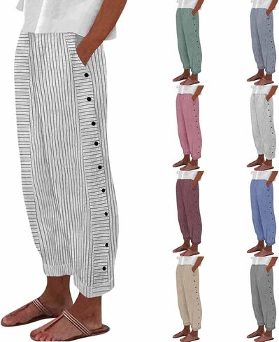 Striped Linen Pants Women 2026 Summer Side Button Cropped Wide Leg Pants Lightweight High Waisted Lounge Boxer Pant in Saudi Arabia