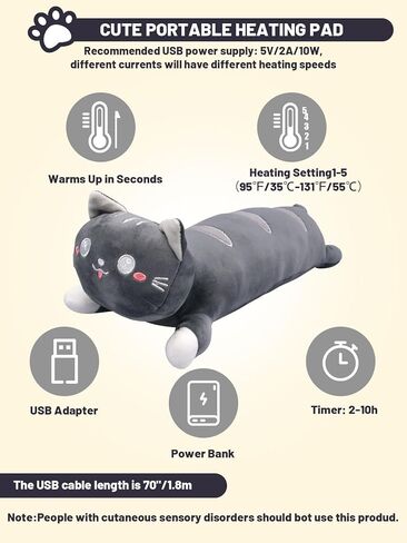 20" Grey Cat Heating Pad for Period Cramps USB Portable Electric 5 Heat Settings 5 Timer Modes Auto Shut Off Plush Stuffed Animal Warmer for Neck Back Pain Relax for Women Kids in Kuwait