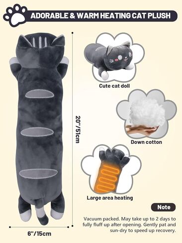 20" Grey Cat Heating Pad for Period Cramps USB Portable Electric 5 Heat Settings 5 Timer Modes Auto Shut Off Plush Stuffed Animal Warmer for Neck Back Pain Relax for Women Kids in Kuwait