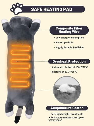 20" Grey Cat Heating Pad for Period Cramps USB Portable Electric 5 Heat Settings 5 Timer Modes Auto Shut Off Plush Stuffed Animal Warmer for Neck Back Pain Relax for Women Kids in Kuwait
