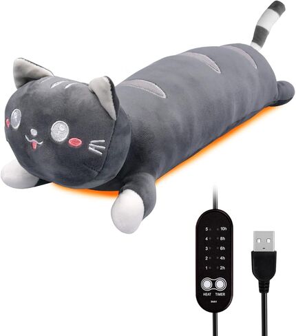 20" Grey Cat Heating Pad for Period Cramps USB Portable Electric 5 Heat Settings 5 Timer Modes Auto Shut Off Plush Stuffed Animal Warmer for Neck Back Pain Relax for Women Kids in Kuwait