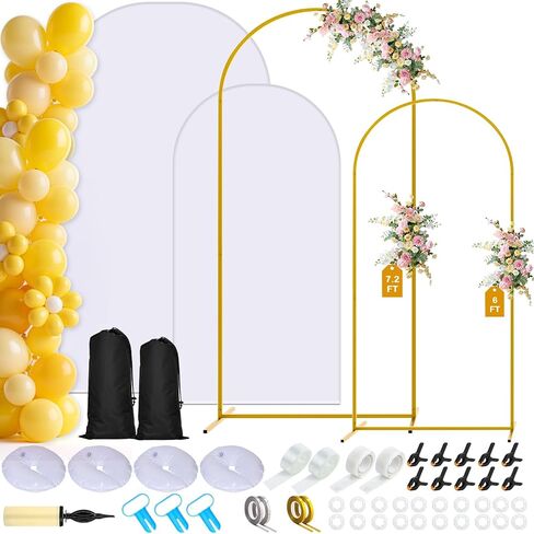 Arch Backdrop Stand and Cover Set| 7.2ft Wedding Metal Arch Stand with Spandex Fitted Backdrop Cover|Gold Balloon Arched Frame White Arch Cover for Birthday Party Baby Shower Graduation Ceremony Decor in Kuwait